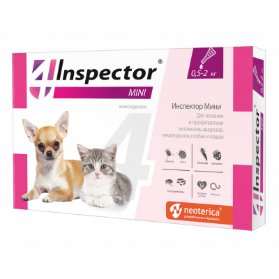 Inspector MIni Капли от клещей и блох для кошек и собак весом 0,5-2кг Кот и Пес, онлайн зоомагазин и ветаптека