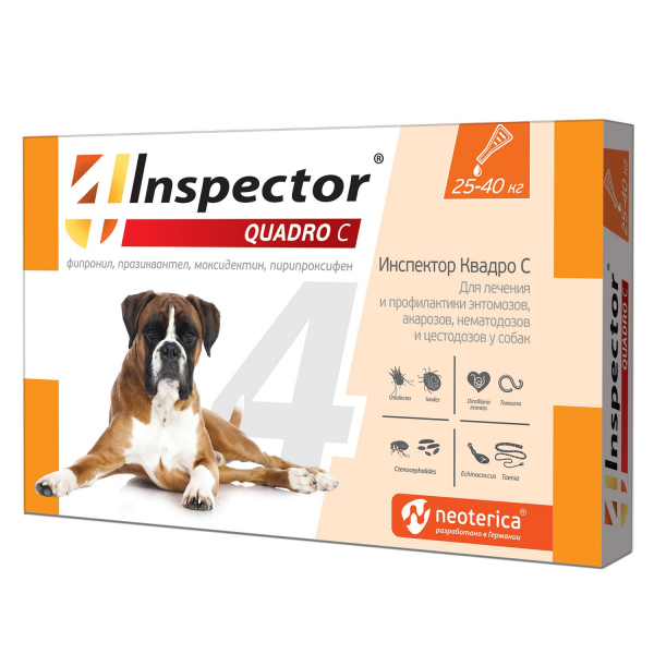 Inspector Quadro C Капли от клещей и блох для собак весом 25-40кг Кот и Пес, онлайн зоомагазин и ветаптека