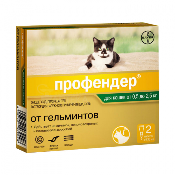 Bayer Профендер спот-он капли на холку от клещей и блох для кошек весом 0,5-2,5 кг Кот и Пес, онлайн зоомагазин и ветаптека