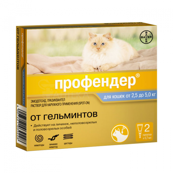 Bayer Профендер Спот-он капли на холку от гельминтов для кошек весом 2,5-5 кг Кот и Пес, онлайн зоомагазин и ветаптека