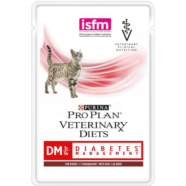 Purina Pro Plan Veterinary Diets DM Diabetes Management Пауч для кошек для лечения сахарного Диабета с Говядиной Кот и Пес, онлайн зоомагазин и ветаптека