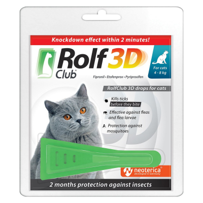 ROLF CLUB 3D Капли от клещей и блох для кошек весом 4-8кг Кот и Пес, онлайн зоомагазин и ветаптека