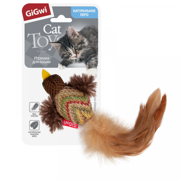 GiGwi Игрушка для кошек Птичка тканевая с пером Кот и Пес, онлайн зоомагазин и ветаптека