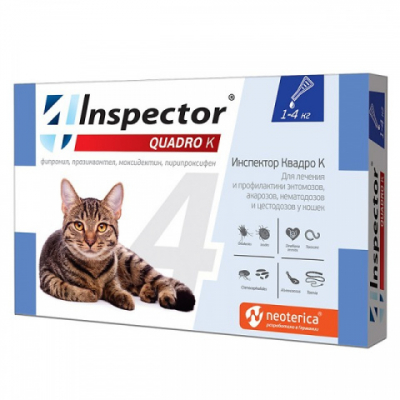 Inspector Quadro K Капли на холку от гельминтов, клещей и блох для Кошек весом до 4кг Кот и Пес, онлайн зоомагазин и ветаптека