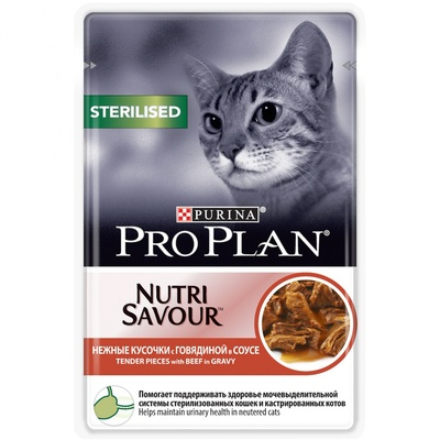 Purina Pro Plan Sterilised Пауч для стерилизованных кошек с Говядиной в соусе Кот и Пес, онлайн зоомагазин и ветаптека