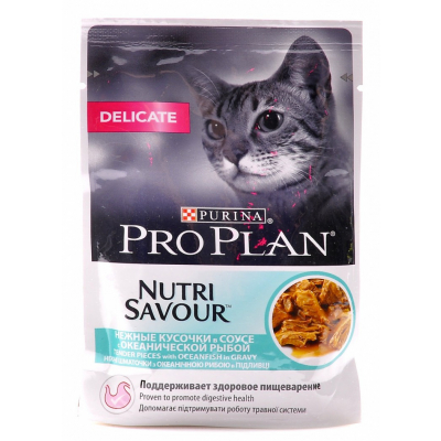 Purina Pro Plan Nutrisavour Delicate Пауч для кошек с чувствительным пищеварением с Рыбой Кот и Пес, онлайн зоомагазин и ветаптека