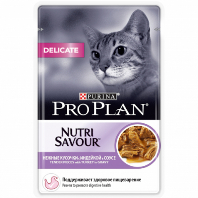 Purina Pro Plan Nutrisavour Delicate Пауч для кошек с чувствительным пищеварением с Индейкой Кот и Пес, онлайн зоомагазин и ветаптека