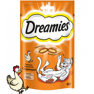 Dreamies Лакомство для кошек подушечки с Куриной начинкой Кот и Пес, онлайн зоомагазин и ветаптека