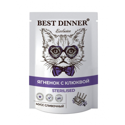 Best Dinner Exclusive Sterilised Пауч для стерилизованных кошек мусс с Ягнёнком и Клюквой Кот и Пес, онлайн зоомагазин и ветаптека