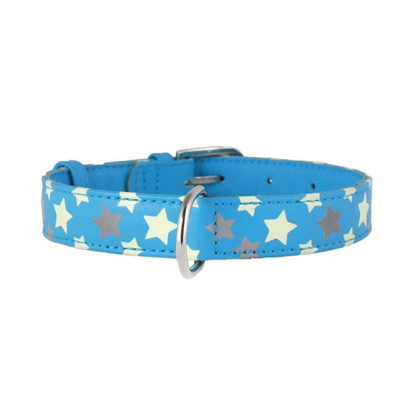 Collar Glamour Ошейник кожаный с узором "Звезды" Голубой Кот и Пес, онлайн зоомагазин и ветаптека