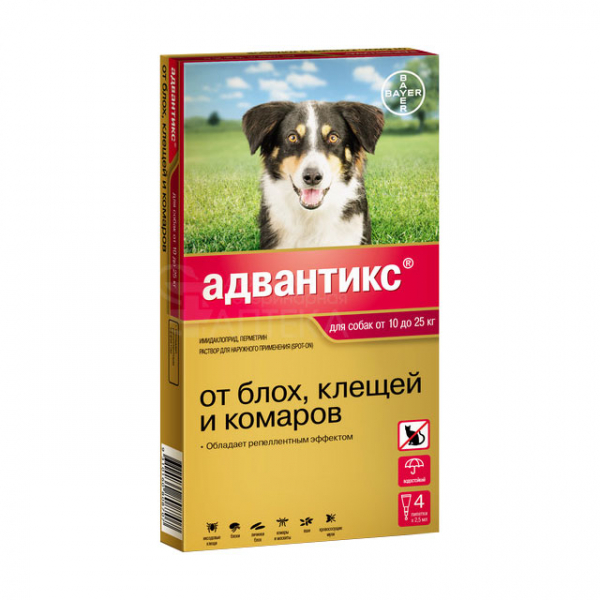 Bayer Адвантикс Капли на холку от клещей и блох для Собак 10-25кг Кот и Пес, онлайн зоомагазин и ветаптека