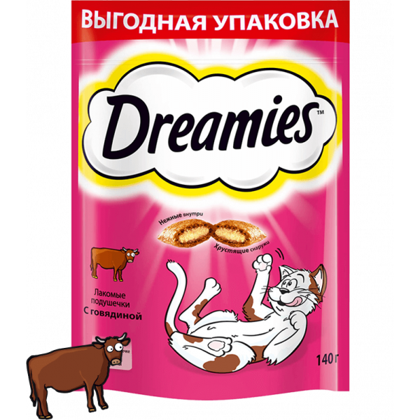 Dreamies™ Лакомство для кошек подушечки с Говядиной Кот и Пес, онлайн зоомагазин и ветаптека